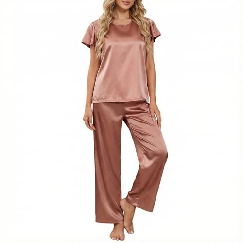 Supcomsta Women's Faux Silk Pajama Set - Short Sleeve Top & Long Pants Satin Loungewear for Sleep, Relax & Gift (AU, Alpha, X-Large, Regular, Regular, Orange-red)