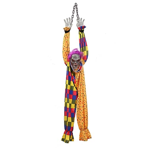 Clown suspendu Halloween 1m70 avec chaîne animée sonore et lumineuse