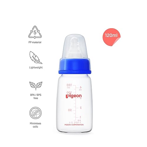 Pigeon Peristaltic Baby Nursing/Feeding Plastic Bottle KPP Nipple S,For 0+ Month Babies,BPA Free,BPS Free,Square Base,Blue,120 ml