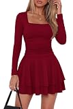 PRETTYGARDEN Women Fall Long Sleeve Ruffle Mini Dress 2026,Burgundy,M