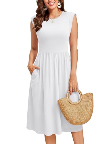 Zeagoo Women Dresses Summer Midi Dress Round Neck Sleeveless Tunic Dress Casual A-Line Dresses with Pockets White M