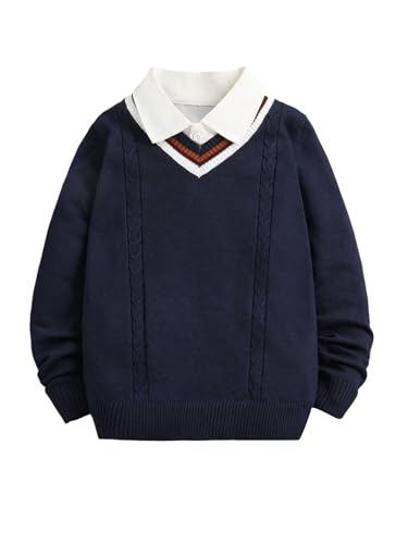 Floerns Boy's Striped V Neck Sweater Long Sleeve Cable Knit Casual Pullover Sweaters