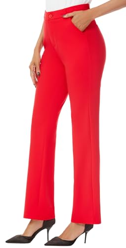 iChosy Women's Stretchy Straight Leg Dress Work Pants Business Office Casual Slacks with Pockets Red 12 Short