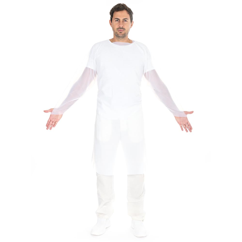 FRANZ MENSCH 100 Stück Hygostar Hygiene-Kittel mit Daumenloch | CPE, weiß, XL, L: 115cm, B: 100cm, Karton, PP+PE-Schutzkittel Einweg, OP Kittel, Einweg Kittel, Schutzkittel wasserdicht, Einmalkittel