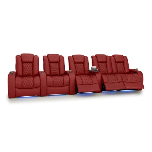 Image of Seatcraft Diamante Red Italian Leather Home Theater Seating, Zero Gravity Power Recliner Gaming and Home Office Chair, Powered Headrest Lounge Sofa Furniture for Cinema Room, Row of 5 Right Loveseats