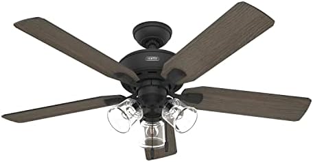 Hunter 52 inch Indoor Ceiling Fan with LED Lights and Pull Chain - Standard Mount Black Ceiling Fan, 5 Blades, For Bedroom, Living Room, or Kitchen, 3 inch Downrod - Rosner 51595, Matte Black