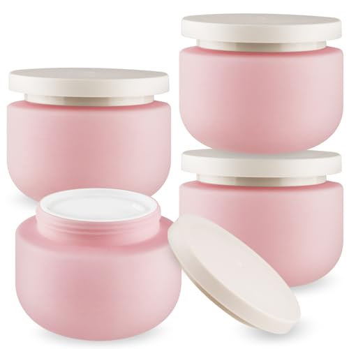 4 Pcs 250g/8.3oz Plastic Cream Jars Sample Containers Wide Mouth Leak Proof Cosmetic Bottles with Lids for Lotion Make Up DIY Making Beauty Products - Pink