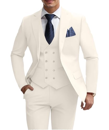 Mens 3 Piece Slim Fit Suit Set, Double Breasted Blazer Vest Pants...