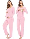 SWOMOG Women Maternity Pajama Set Nursing Pjs Double Layer Long Sleeve Top & Pants Breastfeeding Pregnancy Set with Pockets Pink Large