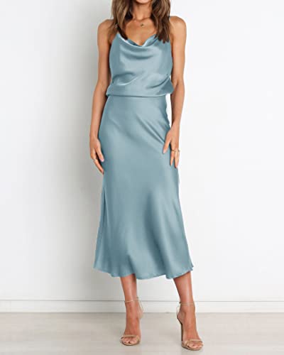 Wiciwi Women's Satin Slip Dress 2023 Cowl Neck Spaghetti Straps Backless Sexy Wedding Club Cocktail Midi Bodycon Dresses(Solid Light Blue,X-Large) #TOP6