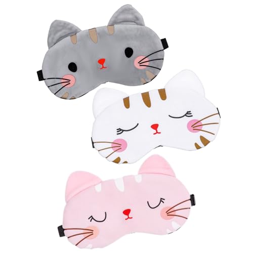 YUXIANLB 3 máscaras de ojos para dormir, cubierta de ojos de gato de dibujos animados, divertidas máscaras de dormir de animales de gato, sombra de ojos de felpa suave y ligera, máscara de ojos de
