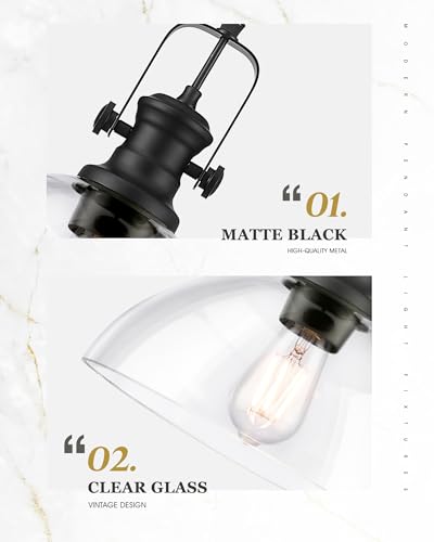 Image of Large Pendant Lights Kitchen Island, 10.5 inch Farmhouse Black Pendant Lighting with Clear Glass Shade, Vintage Hanging Light Fixtures for Dining Room Entryway, Adjustable Cord, AD-22151-1PL-BK-C