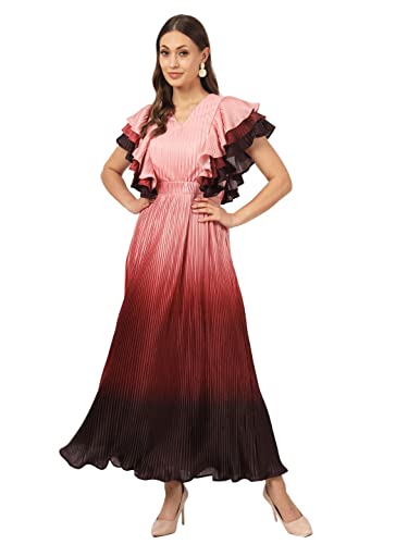 Image of BEATNIK Satin Ruffled Sleeves Self Peach Puff Women Dresses
