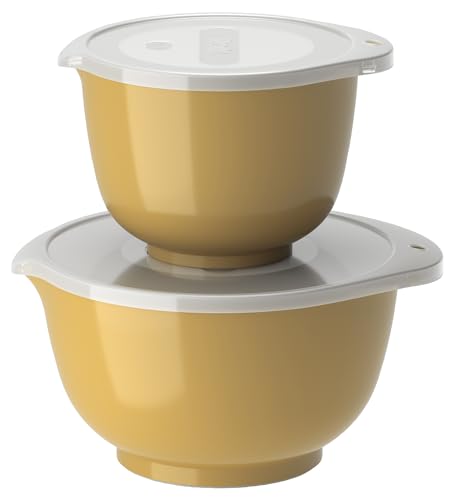 Rosti Margrethe Schüssel Set, Rührschüssel Set, 4-Teilig mit 2 Rührschüsseln und 2 Deckel, Teigschüssel aus Recycelbarem Kunststoff, 1,5 Liter und 3 Liter, Curry
