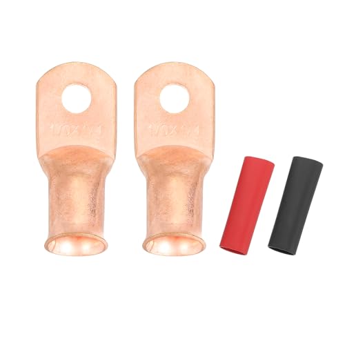 Image of sourcing map 2pcs 1/0 AWG M6 Battery Lugs Ring Terminals, 1/4" 6mm Stud Crimp Wire Terminal Connector End Copper, 2:1 Heat Shrink Tubing, Gold
