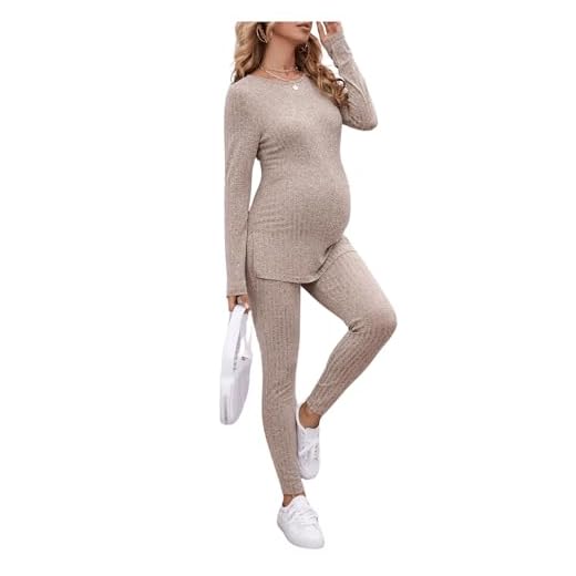 SOLY HUX Women's Maternity Sets 2 Piece Outfits Long Sleeve Split Hem Top and Adjustable Elastic Waist Pants Apricot S