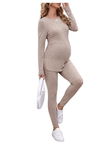 Image of SOLY HUX Women's Maternity Sets 2 Piece Outfits Long Sleeve Split Hem Top and Adjustable Elastic Waist Pants Apricot XL