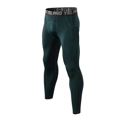 Generisch Pantalones de compresión para hombre con bolsillos, mallas deportivas rápidas, pantalones térmicos, de forro polar, de secado rápido, para baloncesto, fútbol, yoga, gimnasio, verde, M