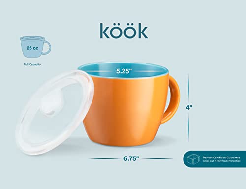 Kook Ceramic Soup Mugs With Handle, Vented Plastic Lid, Perfect For Overnight Oats, Microwave Safe, Travel Cups, For Coffee, Cereal, Noodles And Tea, 25 Oz, Set Of 2, Pumpkin/Blue #TOP4