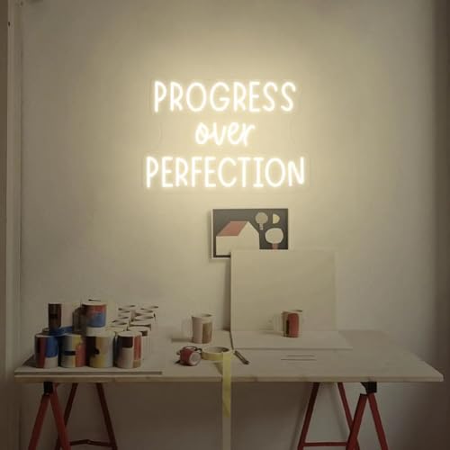 Image of Progress Over Perfection Neon Sign Dimmable Classroom Positive Led Light Up Sign Inspirational Letters Neon Light for Classroom Bedroom Library Study Room