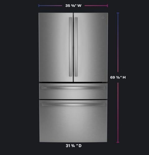 Image of GE Profile PJE23BYWFS 23.1 Cu.Ft Counter-Depth French Door Refrigerator - Stainless Steel, Internal Water Dispenser, TwinChill Cooling, LED Lighting, Adjustable Shelves