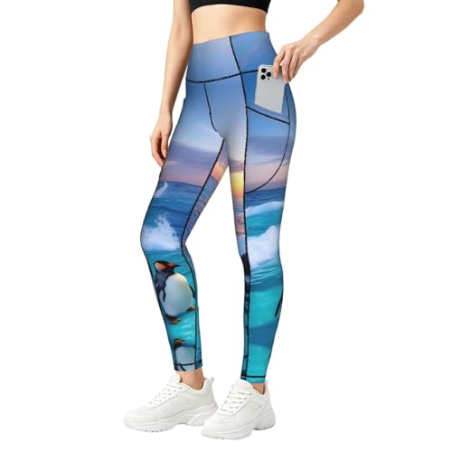 Leggings con estampado de pingüino y mar de alta elasticidad y bolsillos