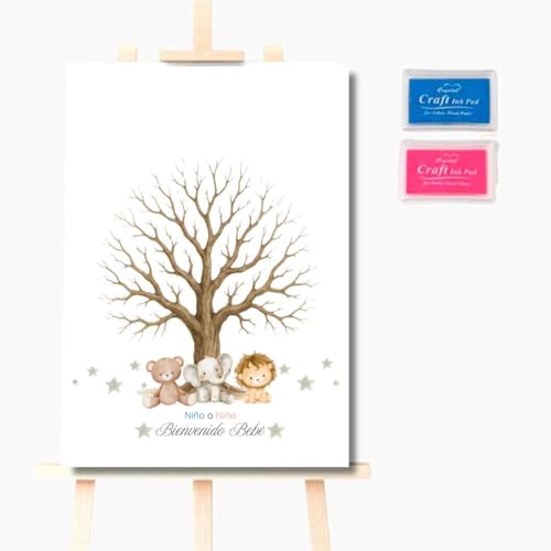Genérico Árbol de Huellas Gender Reveal A3 – Lámina Recuerdo para Revelación de Género – Welcome Baby