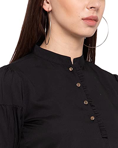 Image of Style Quotient Womens Black Solid Puff Sleeves Regular Top