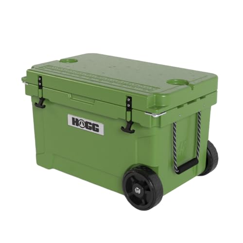 Ice Cooler with Wheels and Handle - 45qt Watercress, Wheeled Cooler, Insulated Ice Chest with Wheels and Handle for Fishing and Camping with Dry Storage, Bottle Openers, and Cupholders