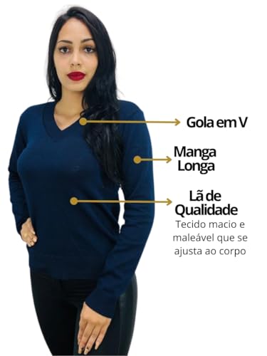 Blusa Tricot Básica De Elastano Gola V Sueter Feminina Liso Quentinho (BR, Alfa, Único, Regular, Reg