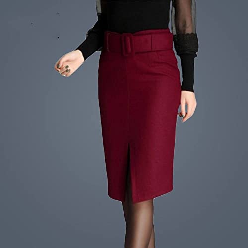JJDSL Wollrock Mit Hoher Taille - Große Größe High Waist A-Linie Bodycon Rock, Gürtel Slim Wolle Plus Size Knielange Röcke, Herbst Winter Frauen Temperament Schlanker Einstufiger Rock, Rot, L Cover
