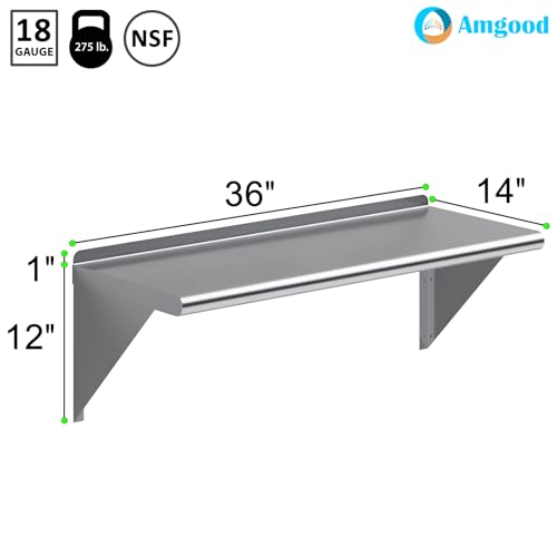Image of AmGood 36 inch Long X 14 inch Deep Stainless Steel Wall Shelf | NSF Certified | Appliance & Equipment Metal Shelving | Kitchen, Restaurant, Garage, Laundry, Utility Room