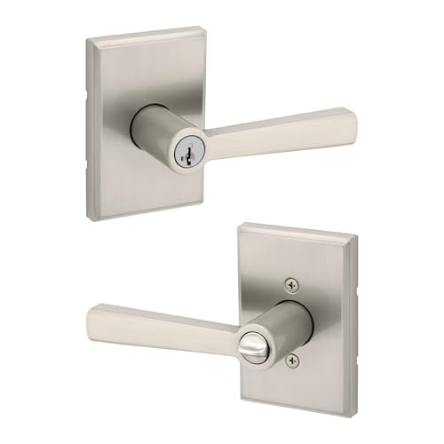 Kwikset Trafford Rectangle Keyed Entry Door Knob with Lock and Key, Secure Keyed Handle Exterior Doorknob, Front Entrance and Bedroom, Satin Nickel, Pick Resistant SmartKey Rekey Security