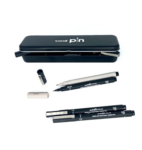 uni-ball - Uni Mitsubishi Pencil - Plumier Métal + 8 Feutres de Dessin et d'Écriture Uni-Pin - Pointes Calibrées et Brush - Dessiner, Écrire, Tracer