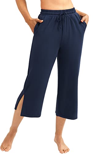 Iuga Wide Leg Capri Pants For Women Drawstring Capris Sweatpants Split Hem Lounge Workout Yoga Pants With Pockets (Navy Blue, Large) #TOP17