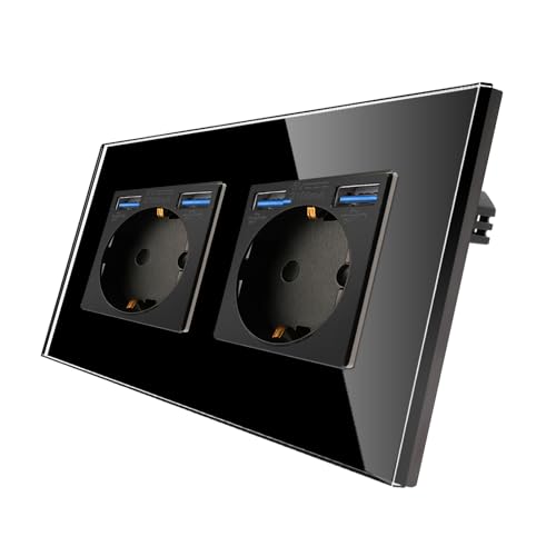 CNBINGO Glas Doppelsteckdose mit USB Ports (Max.2,1 Amp) - Zweifach Steckdose Unterputz in Schwarz - Schuko Schutzkontakt Wandsteckdose mit Glasrahmen A+A-Bl
