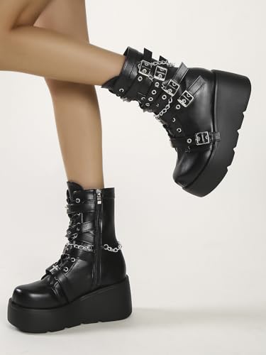 Platform Ankle Boots for Women Chunky High Heel Booties Goth Round Toe Combat Boots Lace Up Punk Motorcycle Wedges Boots4