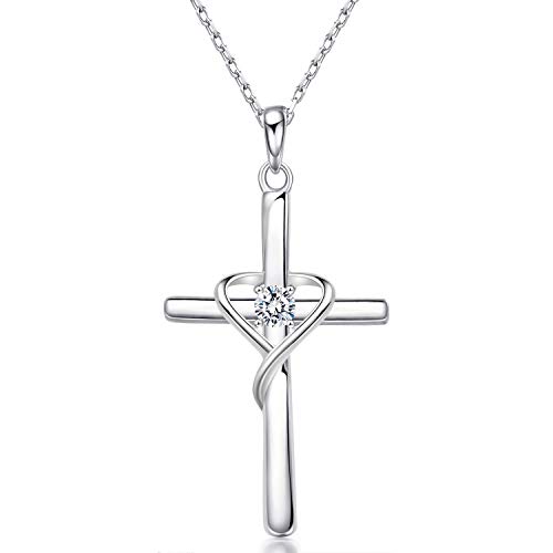 AmorAime 925 Sterling Silver Cross Necklace for Women Men 14K Gold Plated 5A CZ Birthstone Necklaces for Holiday (D.white-CZ-April)