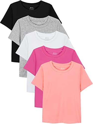 Poroka 5 Pack Girls Cotton Short-Sleeve T-Shirt With Round Neck Girl Solid T-Shirt With Anti Perspiration Strip #TOP4