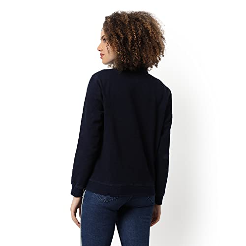 Image of Campus Sutra Women Dark-Washed Blue Denim Regular Fit Zipper Sweatshirt For Winter Wear | Full Sleeve | Cotton Sweatshirt | Casual Sweatshirt For Woman | Western Stylish Sweatshirt For Women