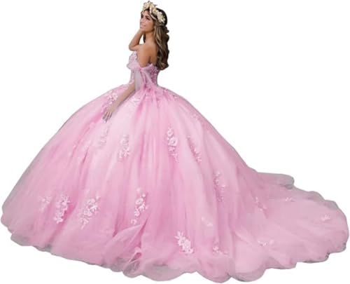 TSxuelian Vestidos de Quinceañera para Mujer con Apliques de Encaje Vestido de Baile con Hombros Descubiertos Vestido de Princesa de Graduación con Cola Vestidos Hinchados Dulces de 16 Años, rosa