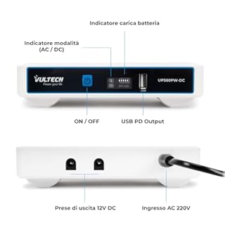 VulTech UPS60PW-DC Rev. 2.1 Bianco Mini UPS 6000mAh 60Watt Gruppo di Continuità Portatile per Router Wireless Modem Telecamera Power Bank Smartphone Input 100-240 VAC USB 5V DC 12V