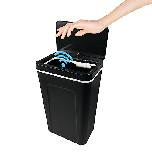 TemphytBong Automatic Bathroom Trash Can Touchless with Lids Black 3.5 Gallon Slim Narrow Covered Motion Sensor Trash Can for Living Room Bedroom Toilet Plastic Lidded Garbage Can