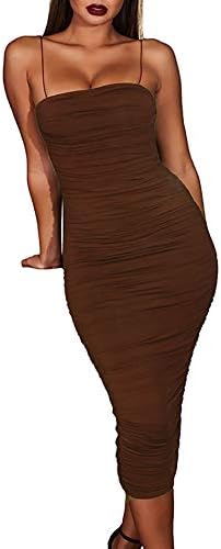 Adogirl Sexy Spaghetti Strap Dresses for Women Casual Summer Off Shoulder Sleeveless Ruched Bodycon Dresses Party Club Maxi Fitted Long Dress Brown M