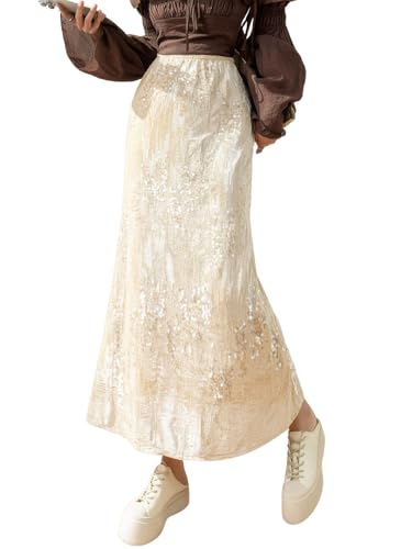 ebossy Women's Elegant Elastic Waist Sequin Flowy A-line Flared Long Skirts Sparkly Fishtail Mermaid Maxi Skirts