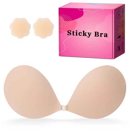 Image of Invisible Strapless Sticky Bra Push up for Women, Adhesive Bra for Backless Dress, Silicone Cleavage Lift with Nipple Covers Cream B Cup