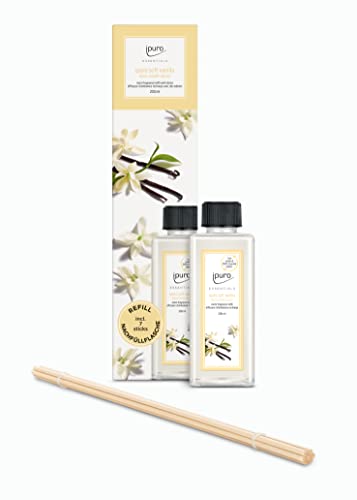 ipuro Recambio para ambientadores de vainilla suave, con fina vainilla, relleno de aceite aromático con varillas aromáticas, botella de recambio de 200 ml, incluye varillas aromáticas