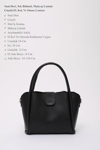 SHAKA Siyah SHK190 Suni Deri Çıkarılabilir Makyaj Çantalı Çıtçıtlı El, Kol ve Omuz Çantası,Siyah - Görsel 3