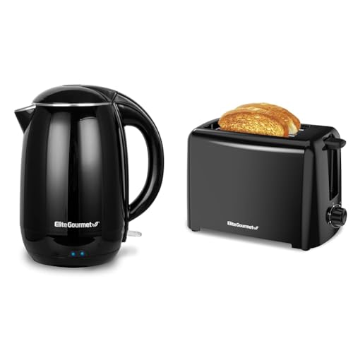 Elite Gourmet 1.8L Cool-Touch 1500W Kettle & 2-Slice Cool Touch Toaster with Extra Wide 1.25' Slots