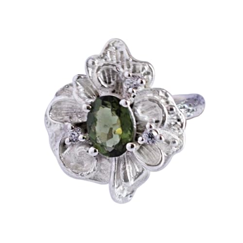 Bague moldavite ovale et oxyde de zirconium avec pierres précieuses vertes